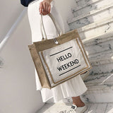 Hello Weekend Burlap Shopping Bag