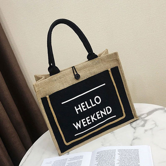 Hello Weekend Burlap Shopping Bag